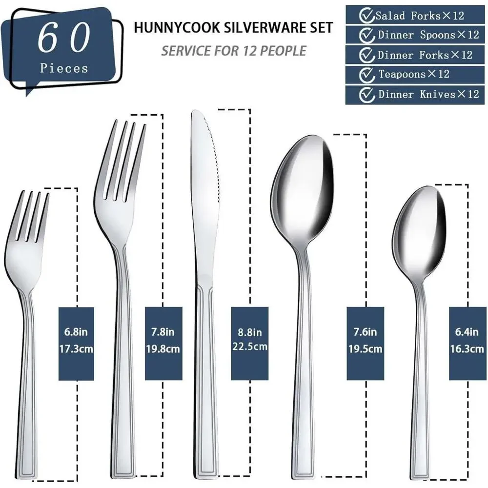 60-Piece Silverware Set, Stainless Steel, Fork Knife Spoon Set, Mirror Polished
